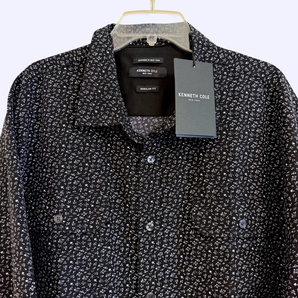 Kenneth Cole New York Mens 2X Tech Stretch Short Sleeve Floral Shirt Black NEW